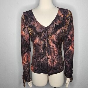 Whimsigoth Sheer Burnout Mesh Top Dark Romance Gothic Y2K Ruffle Blouse L XL